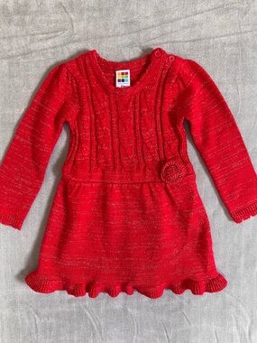 healthtex Red Cable Knit Sweater Dress with Rosette Detail